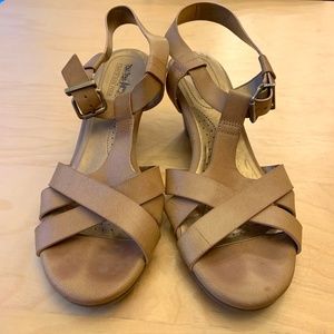 Couch and Four Light Tan Low Heel Wedge Sandals